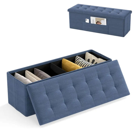 43 Inches Folding Storage Ottoman Bench Linen End of Bed Bench with Padded Seat-Navy - Navy - Shoe Racks & Storage