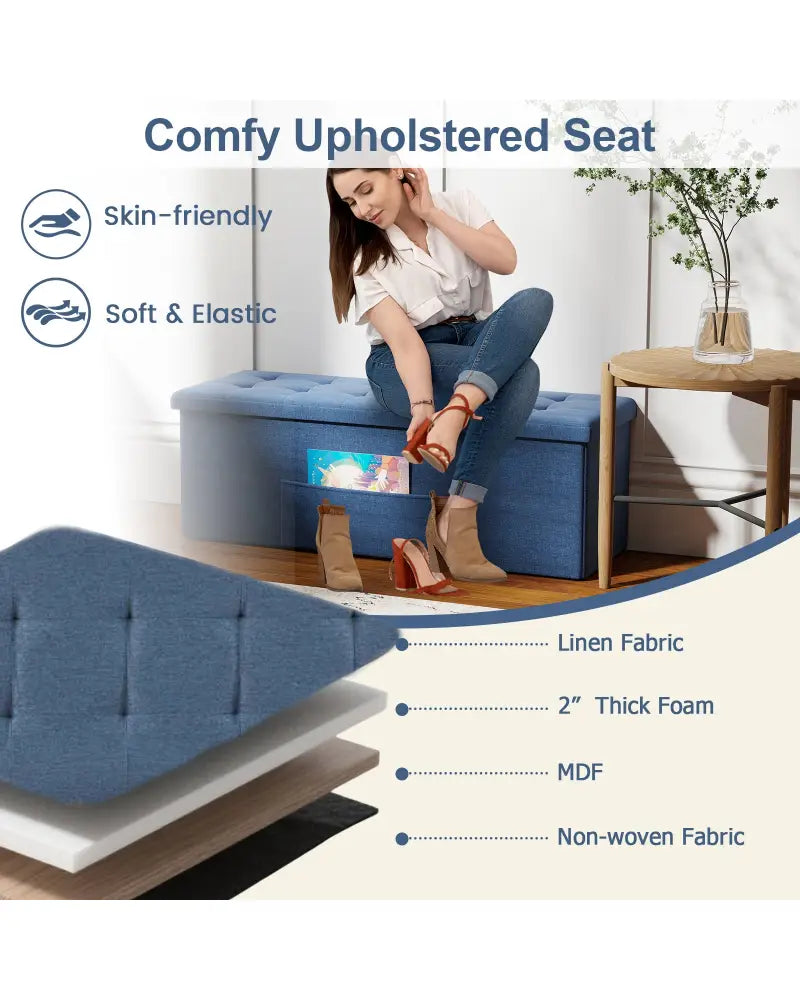 43 Inches Folding Storage Ottoman Bench Linen End of Bed Bench with Padded Seat-Navy - Navy - Shoe Racks & Storage