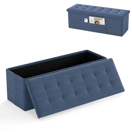 43 Inches Folding Storage Ottoman Bench Linen End of Bed Bench with Padded Seat-Navy - Navy - Shoe Racks & Storage