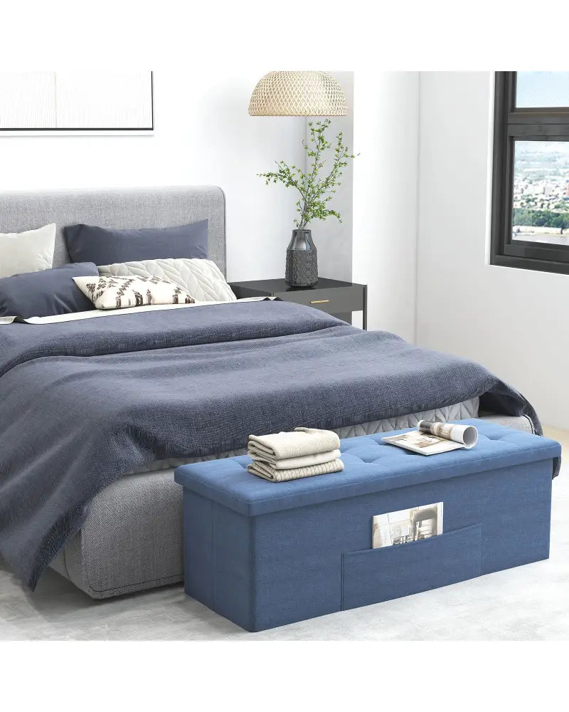 43 Inches Folding Storage Ottoman Bench Linen End of Bed Bench with Padded Seat-Navy - Navy - Shoe Racks & Storage