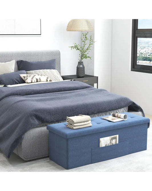 43 Inches Folding Storage Ottoman Bench Linen End of Bed Bench with Padded Seat-Navy - Navy - Shoe Racks & Storage