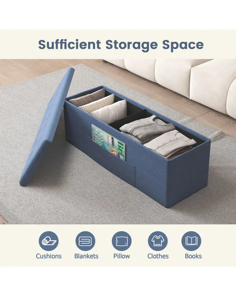 43 Inches Folding Storage Ottoman Bench Linen End of Bed Bench with Padded Seat-Navy - Navy - Shoe Racks & Storage