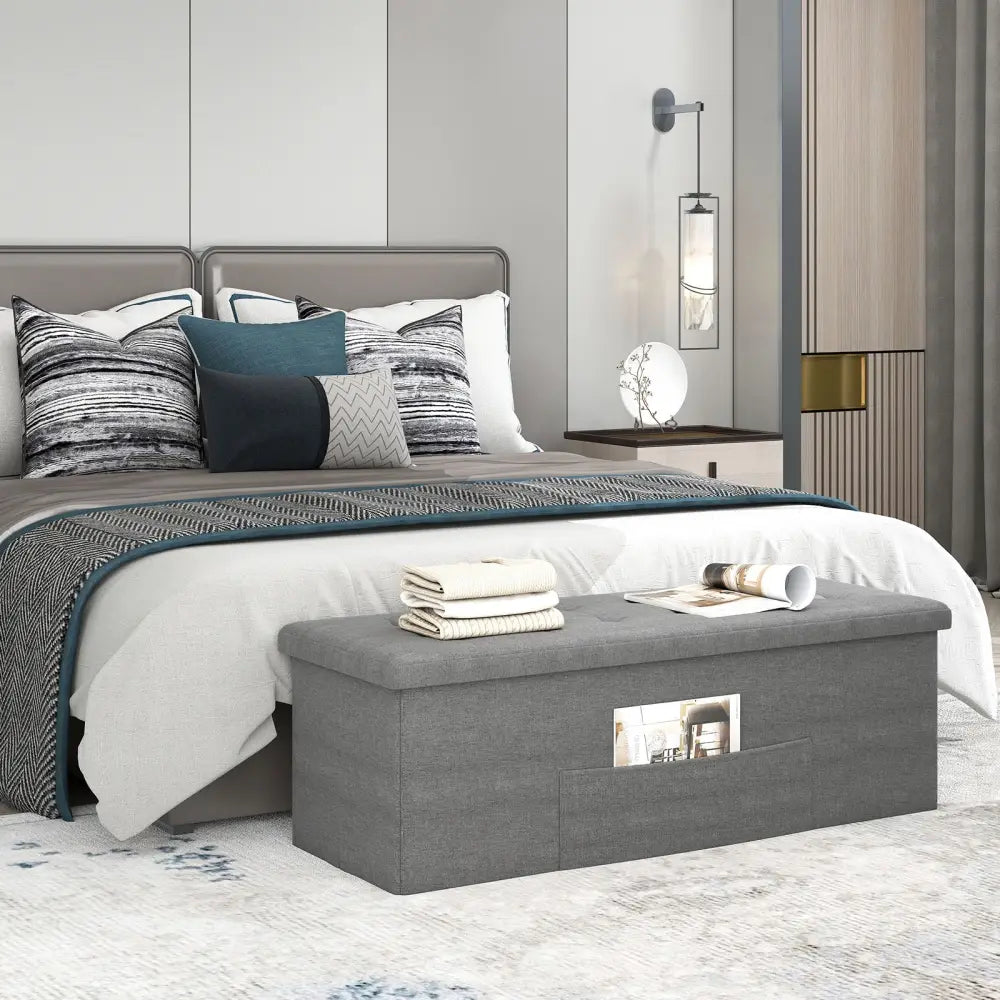 43 Inches Folding Storage Ottoman Bench Linen End of Bed Bench with Padded Seat-Dark Gray - Dark Gray - Shoe Racks &