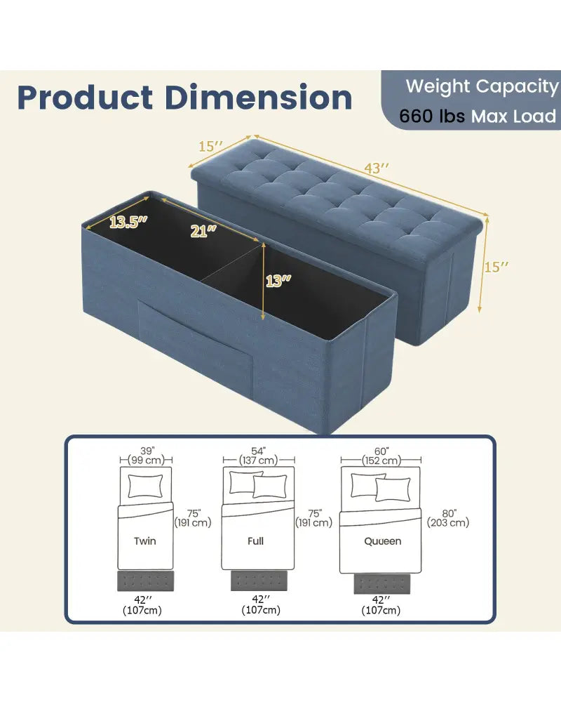 43 Inches Folding Storage Ottoman Bench Linen End of Bed Bench with Padded Seat-Navy - Navy - Shoe Racks & Storage