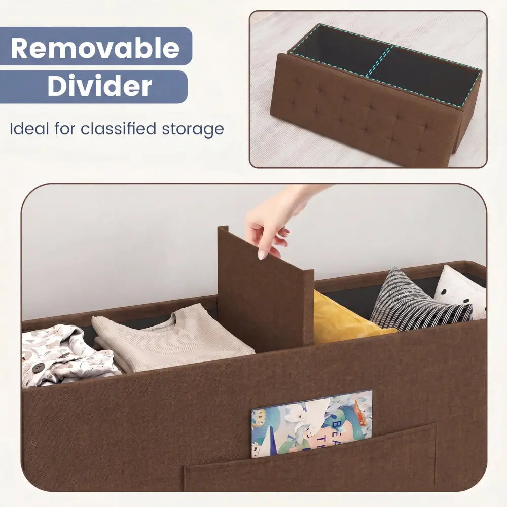 43 Inches Folding Storage Ottoman Bench Linen End of Bed Bench with Padded Seat-Brown - Brown - Shoe Racks & Storage