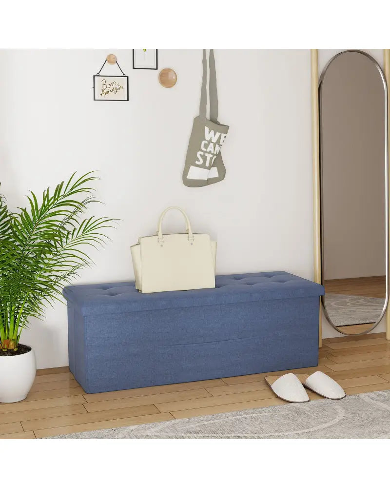 43 Inches Folding Storage Ottoman Bench Linen End of Bed Bench with Padded Seat-Navy - Navy - Shoe Racks & Storage
