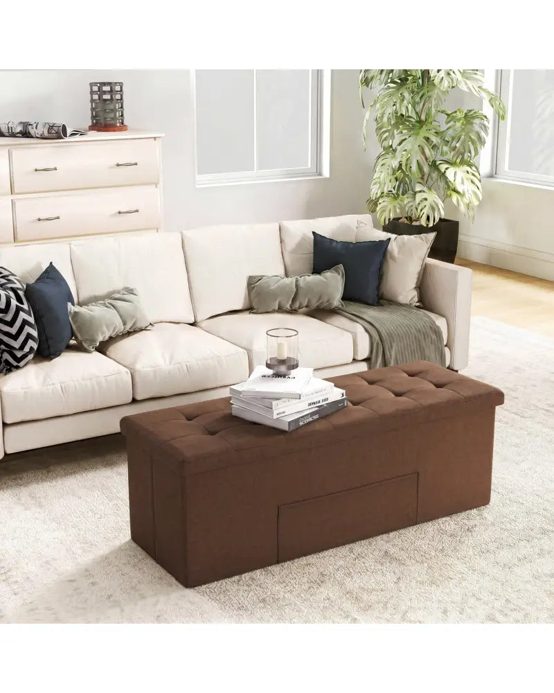 43 Inches Folding Storage Ottoman Bench Linen End of Bed Bench with Padded Seat-Brown - Brown - Shoe Racks & Storage