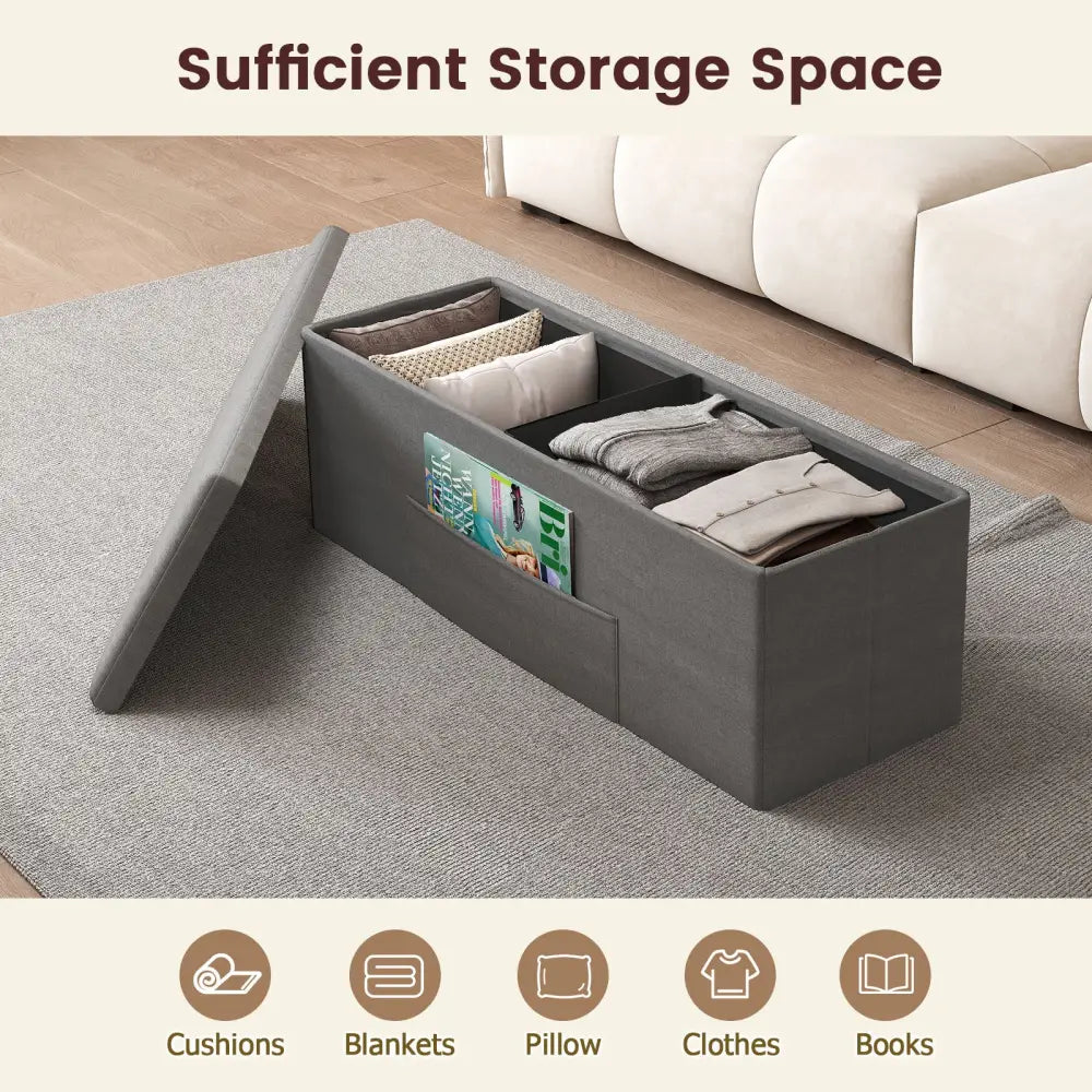 43 Inches Folding Storage Ottoman Bench Linen End of Bed Bench with Padded Seat-Dark Gray - Dark Gray - Shoe Racks &