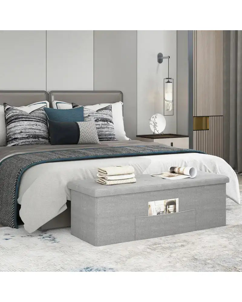 43 Inches Folding Storage Ottoman Bench Linen End of Bed Bench with Padded Seat-Light Gray - Light Gray - Shoe Racks &