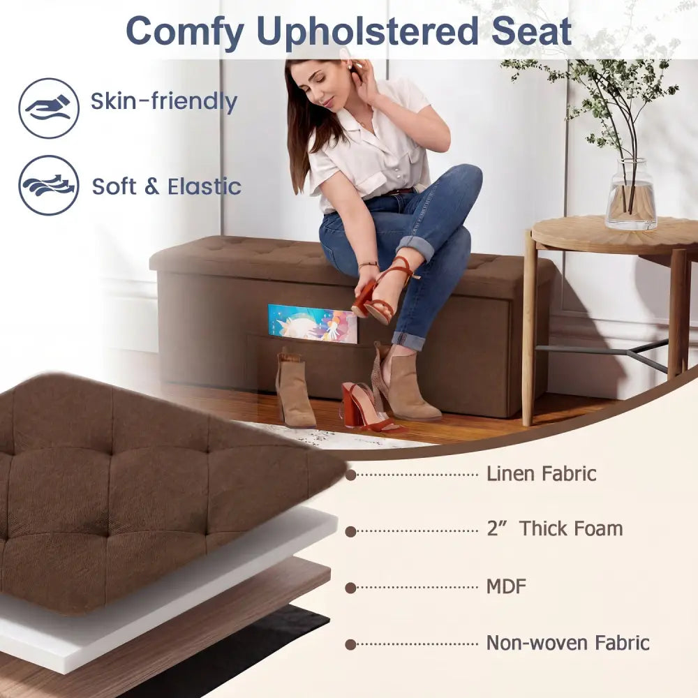 43 Inches Folding Storage Ottoman Bench Linen End of Bed Bench with Padded Seat-Brown - Brown - Shoe Racks & Storage