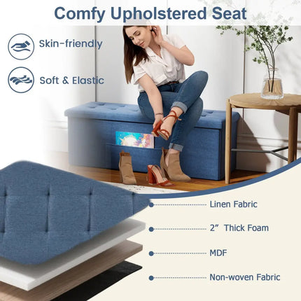 43 Inches Folding Storage Ottoman Bench Linen End of Bed Bench with Padded Seat-Navy - Navy - Shoe Racks & Storage