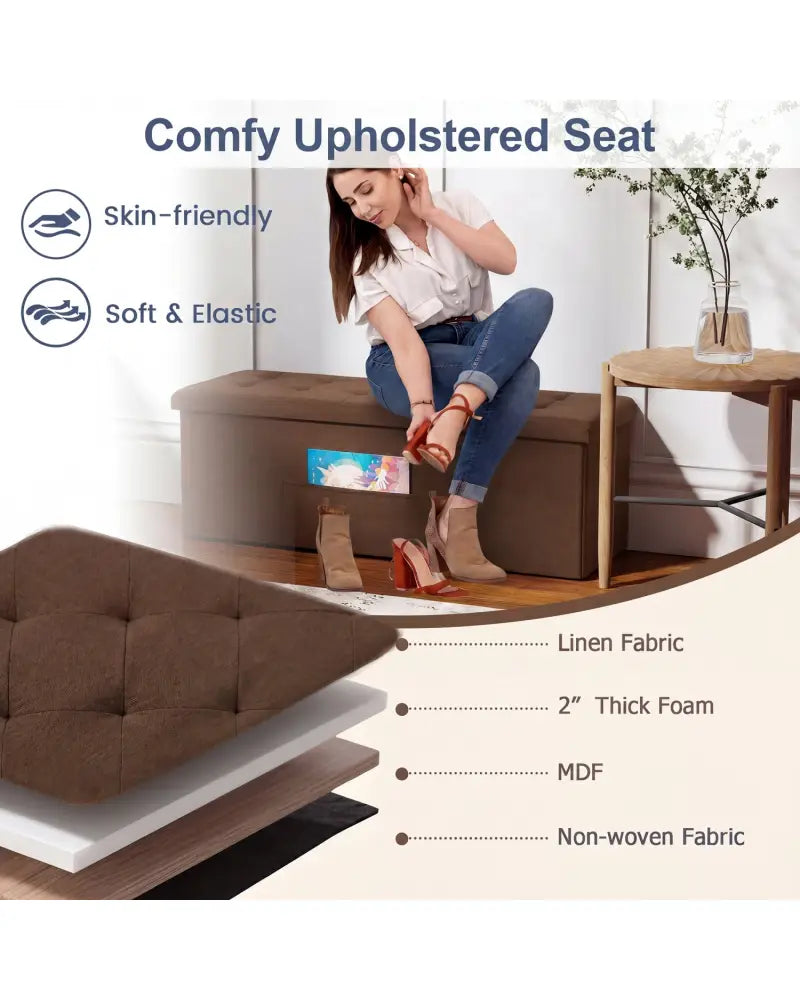 43 Inches Folding Storage Ottoman Bench Linen End of Bed Bench with Padded Seat-Brown - Brown - Shoe Racks & Storage