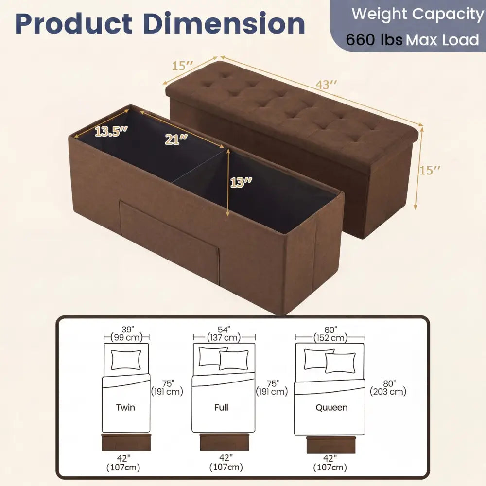 43 Inches Folding Storage Ottoman Bench Linen End of Bed Bench with Padded Seat-Brown - Brown - Shoe Racks & Storage