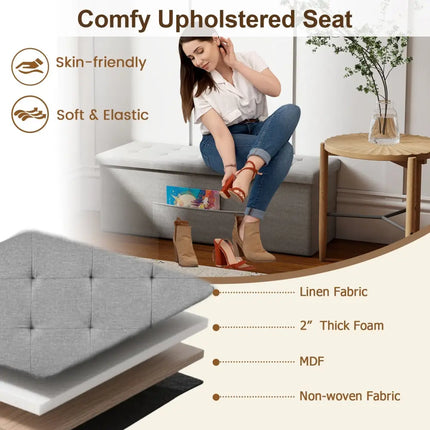 43 Inches Folding Storage Ottoman Bench Linen End of Bed Bench with Padded Seat-Light Gray - Light Gray - Shoe Racks &