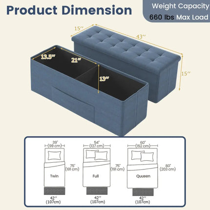 43 Inches Folding Storage Ottoman Bench Linen End of Bed Bench with Padded Seat-Navy - Navy - Shoe Racks & Storage