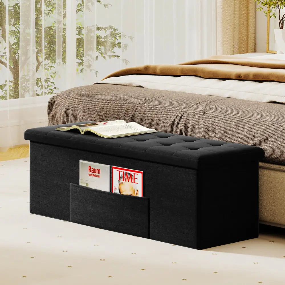43 Inches Folding Storage Ottoman Bench with Padded Seat-Black - Black - Shoe Racks & Storage Benches