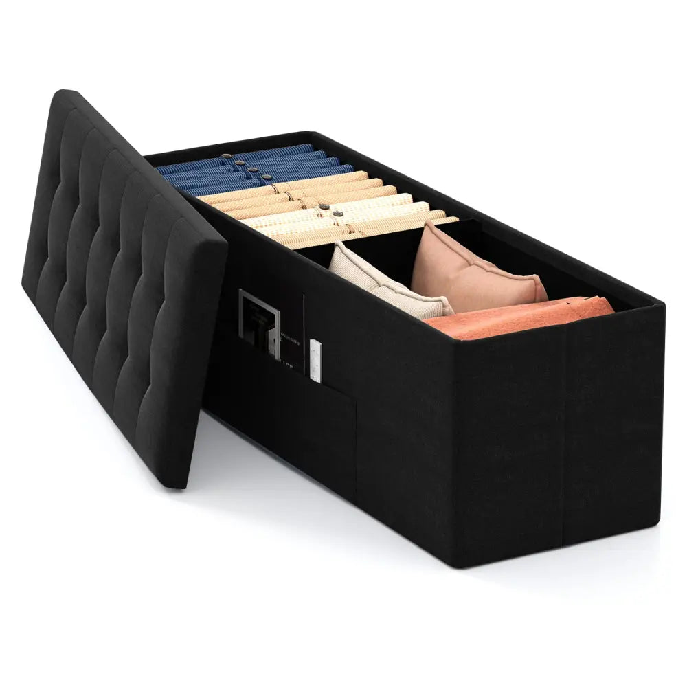 43 Inches Folding Storage Ottoman Bench with Padded Seat-Black - Black - Shoe Racks & Storage Benches