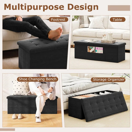 43 Inches Folding Storage Ottoman Bench with Padded Seat-Black - Black - Shoe Racks & Storage Benches