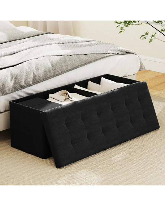 43 Inches Folding Storage Ottoman Bench with Padded Seat-Black - Black - Shoe Racks & Storage Benches