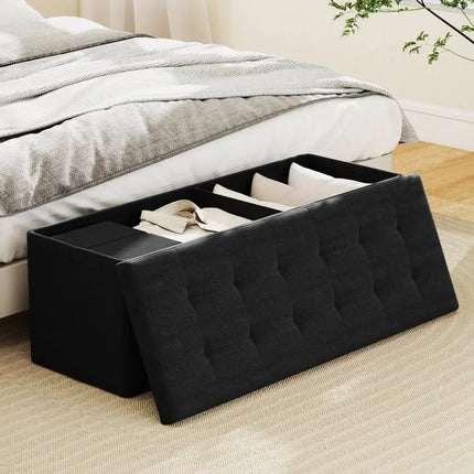 43 Inches Folding Storage Ottoman Bench with Padded Seat-Black - Black - Shoe Racks & Storage Benches