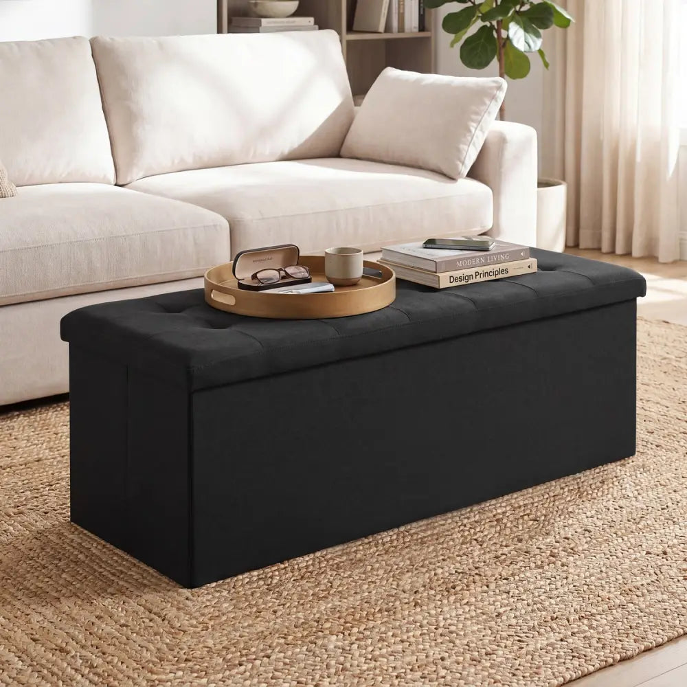 43 Inches Folding Storage Ottoman Bench with Padded Seat-Black - Black - Shoe Racks & Storage Benches