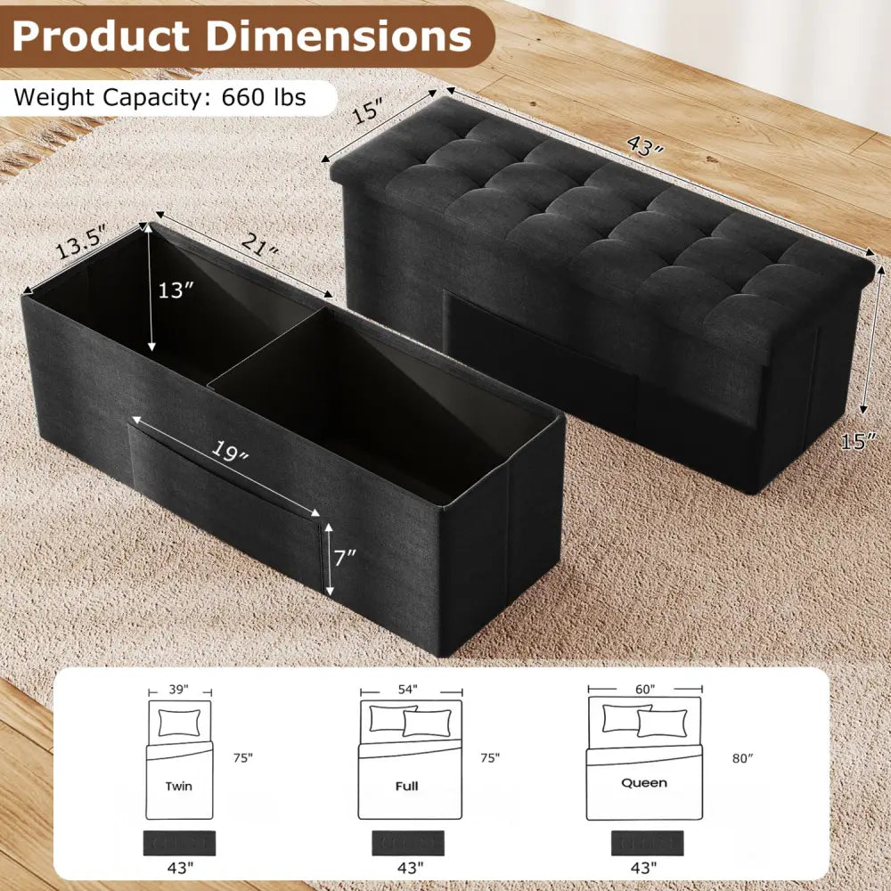 43 Inches Folding Storage Ottoman Bench with Padded Seat-Black - Black - Shoe Racks & Storage Benches