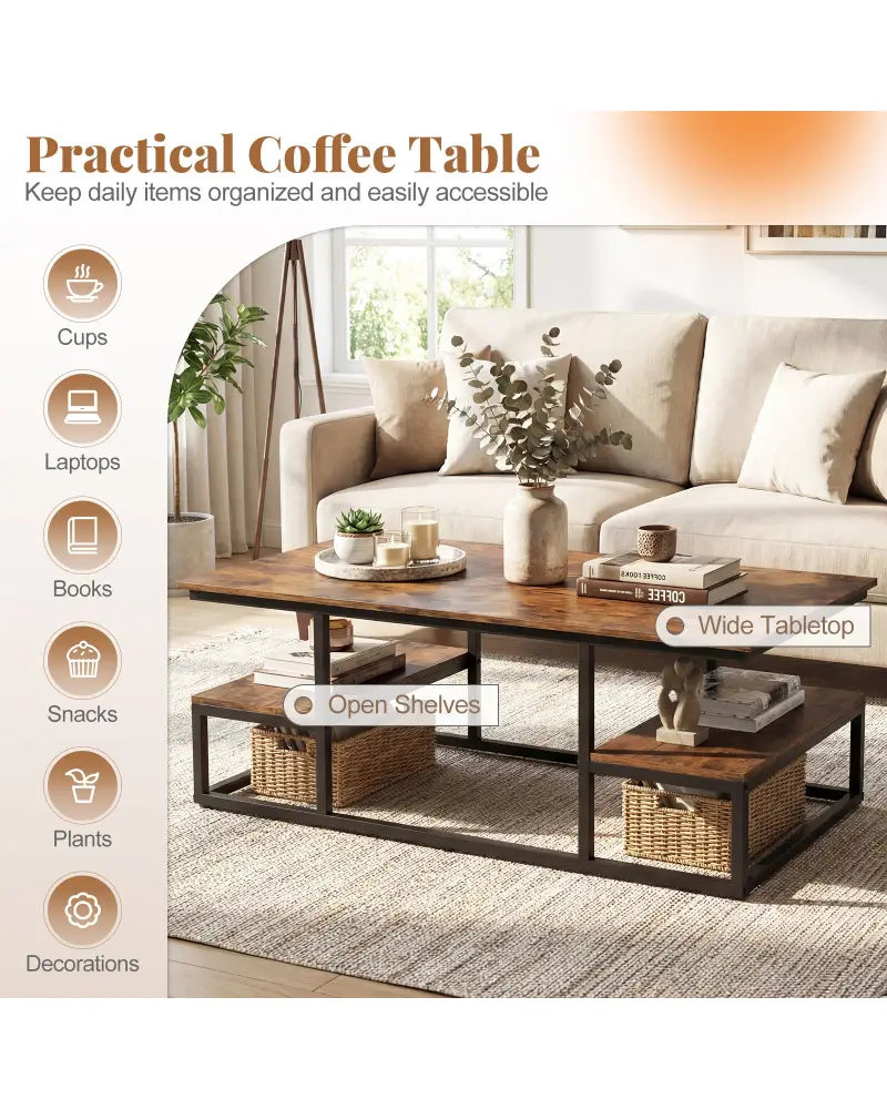 43’’ Rectangle Coffee Table with Storage and Open Shelves-Rusticbrown - Rustic Brown - Coffee Tables