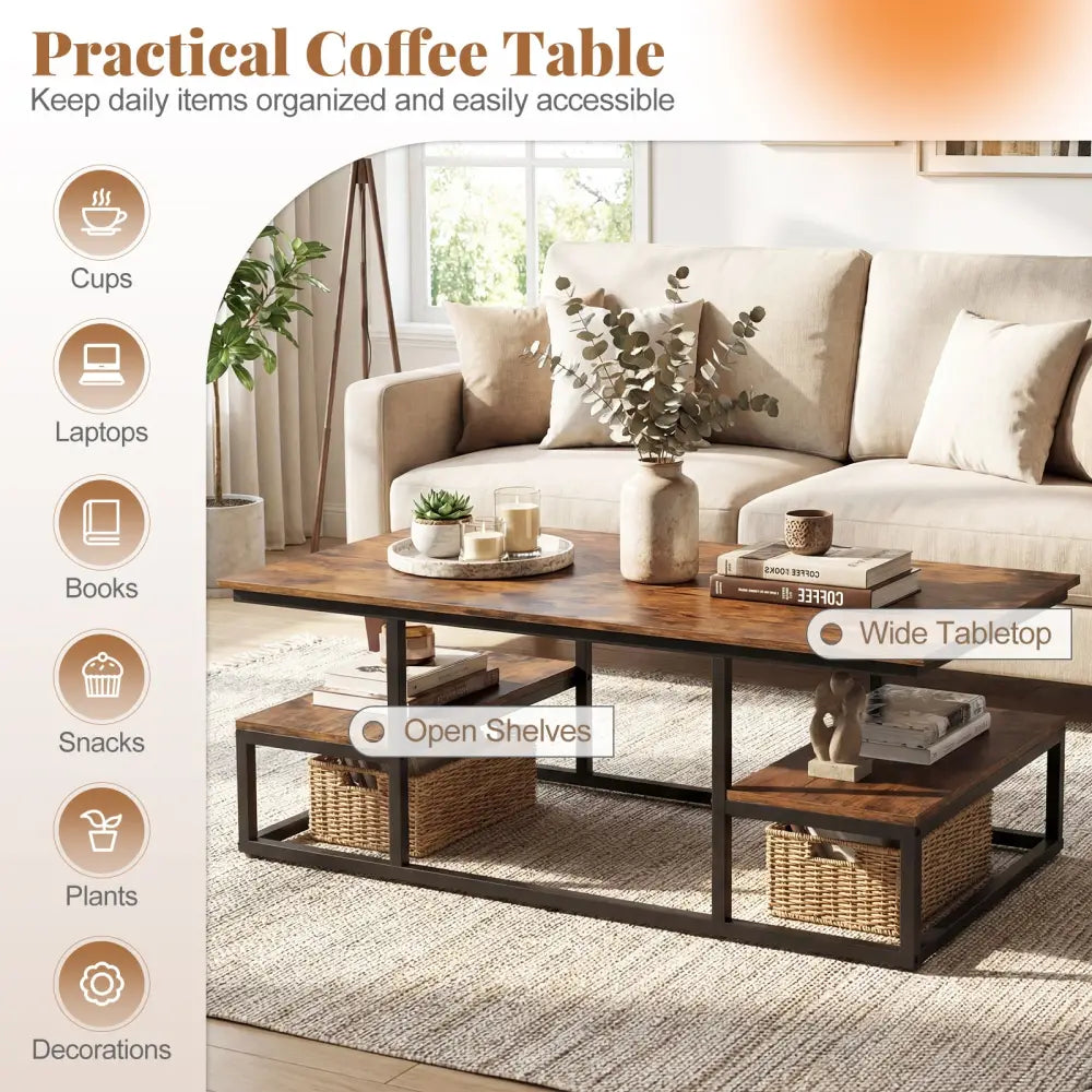 43’’ Rectangle Coffee Table with Storage and Open Shelves-Rusticbrown - Rustic Brown - Coffee Tables