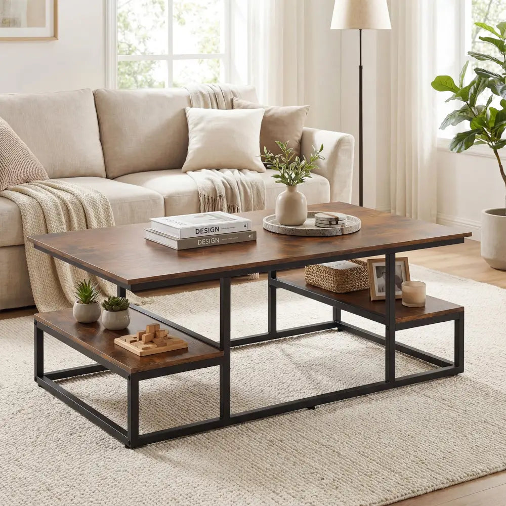43’’ Rectangle Coffee Table with Storage and Open Shelves-Rusticbrown - Rustic Brown - Coffee Tables