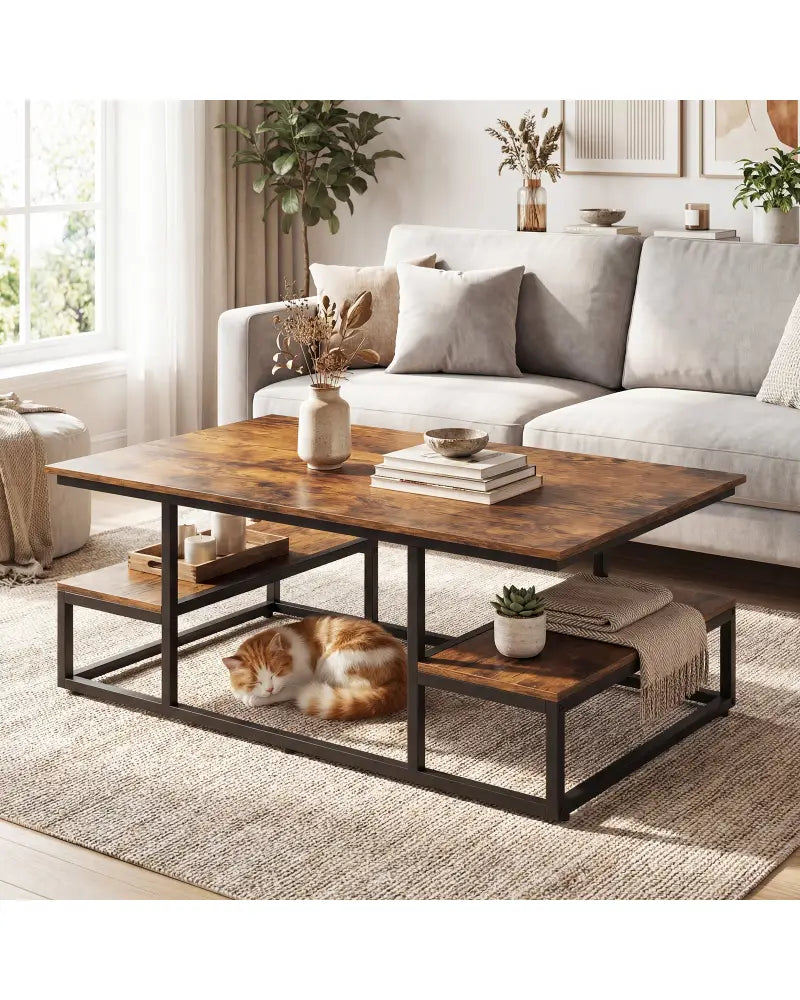 43’’ Rectangle Coffee Table with Storage and Open Shelves-Rusticbrown - Rustic Brown - Coffee Tables