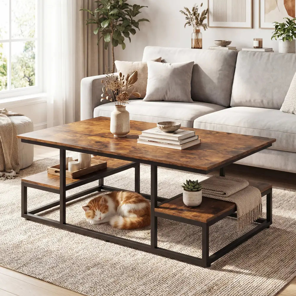43’’ Rectangle Coffee Table with Storage and Open Shelves-Rusticbrown - Rustic Brown - Coffee Tables