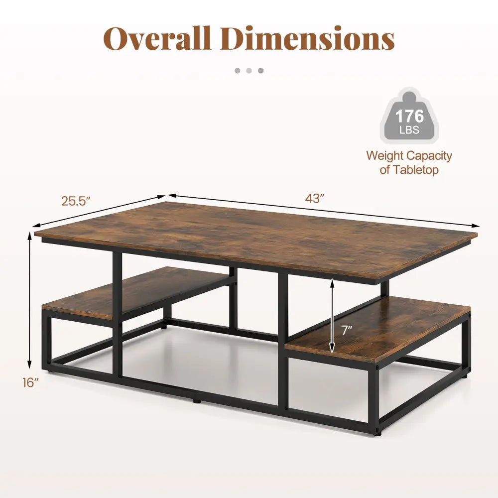 43’’ Rectangle Coffee Table with Storage and Open Shelves-Rusticbrown - Rustic Brown - Coffee Tables