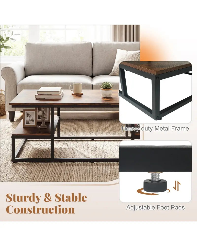 43’’ Rectangle Coffee Table with Storage and Open Shelves-Rusticbrown - Rustic Brown - Coffee Tables