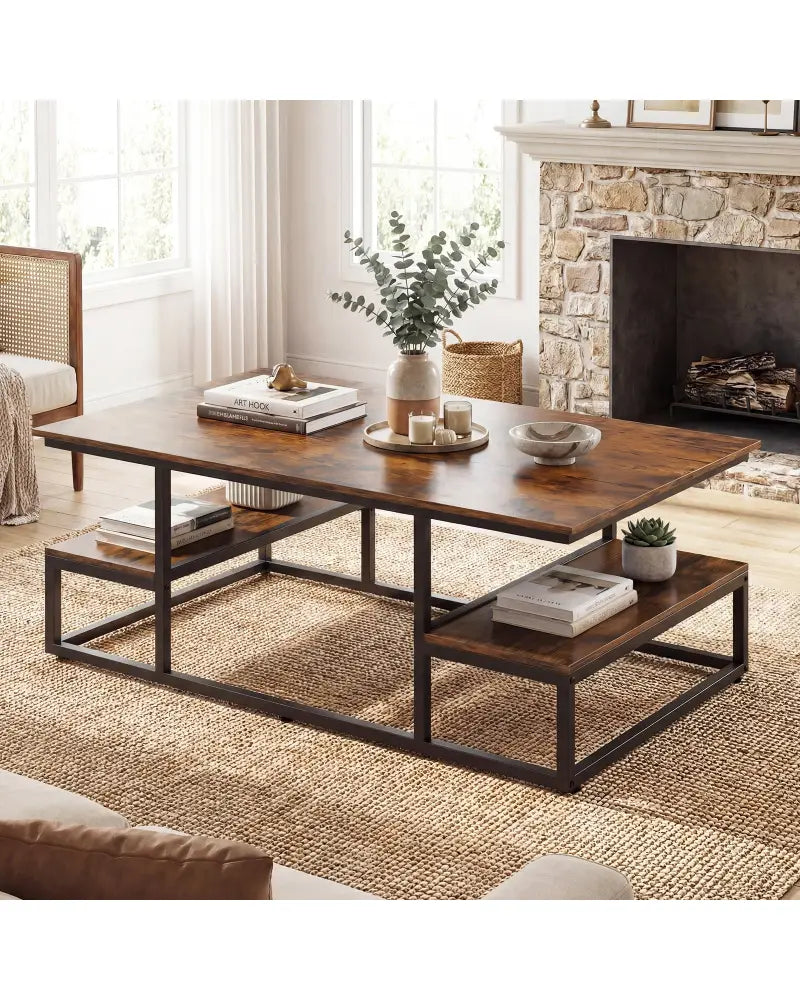 43’’ Rectangle Coffee Table with Storage and Open Shelves-Rusticbrown - Rustic Brown - Coffee Tables