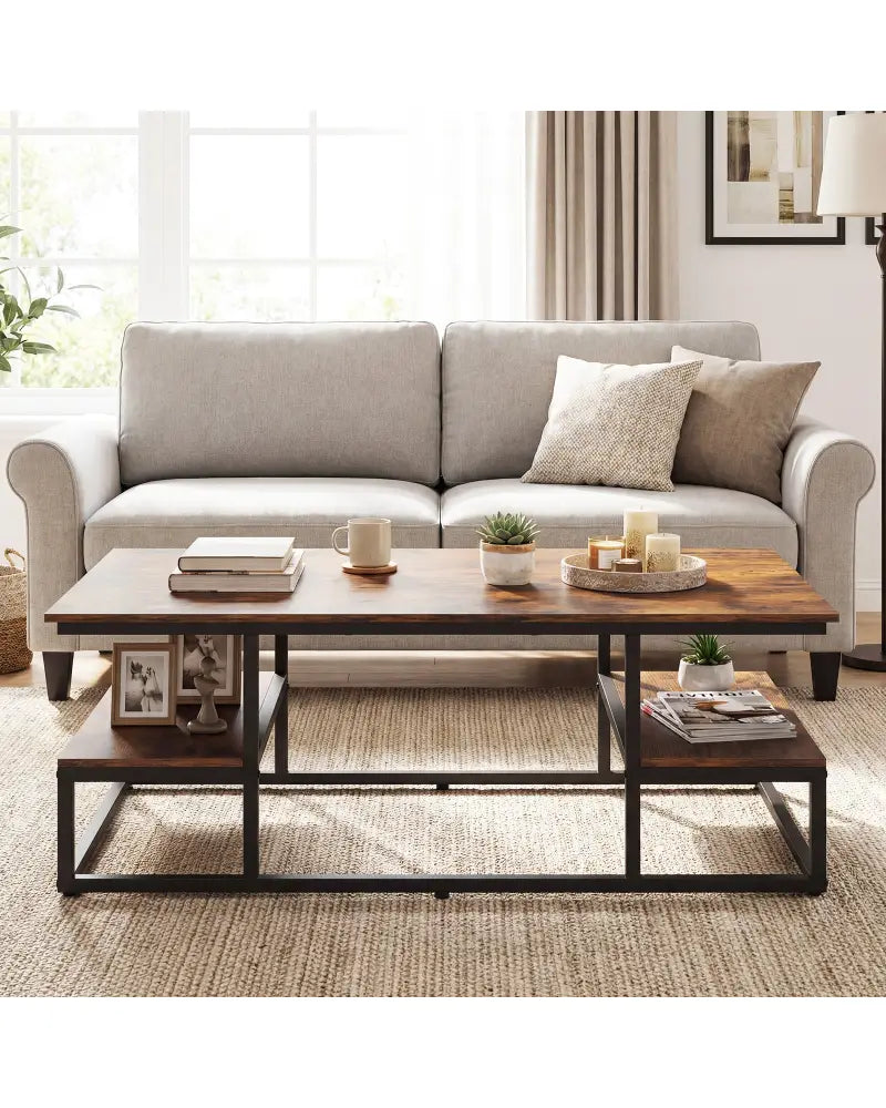 43’’ Rectangle Coffee Table with Storage and Open Shelves-Rusticbrown - Rustic Brown - Coffee Tables