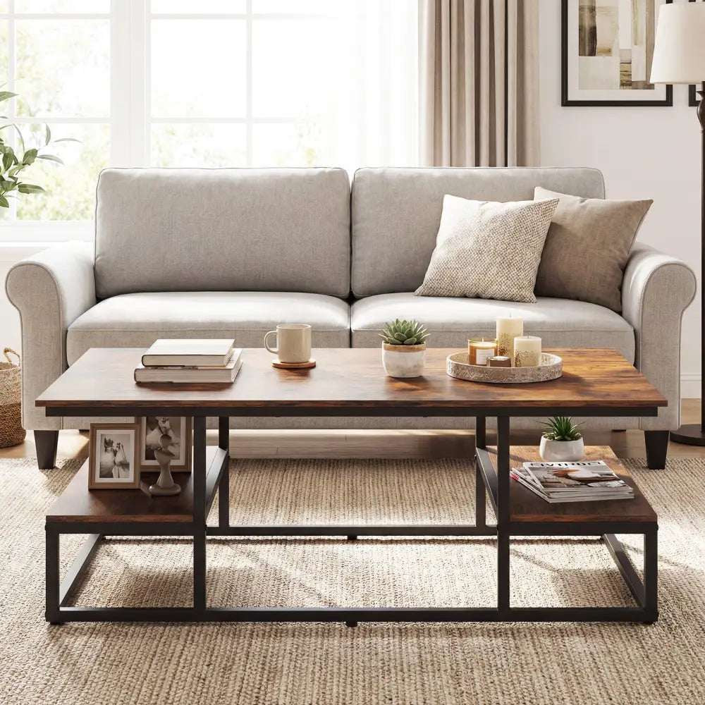 43’’ Rectangle Coffee Table with Storage and Open Shelves-Rusticbrown - Rustic Brown - Coffee Tables