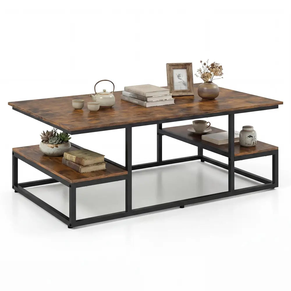 43’’ Rectangle Coffee Table with Storage and Open Shelves-Rusticbrown - Rustic Brown - Coffee Tables