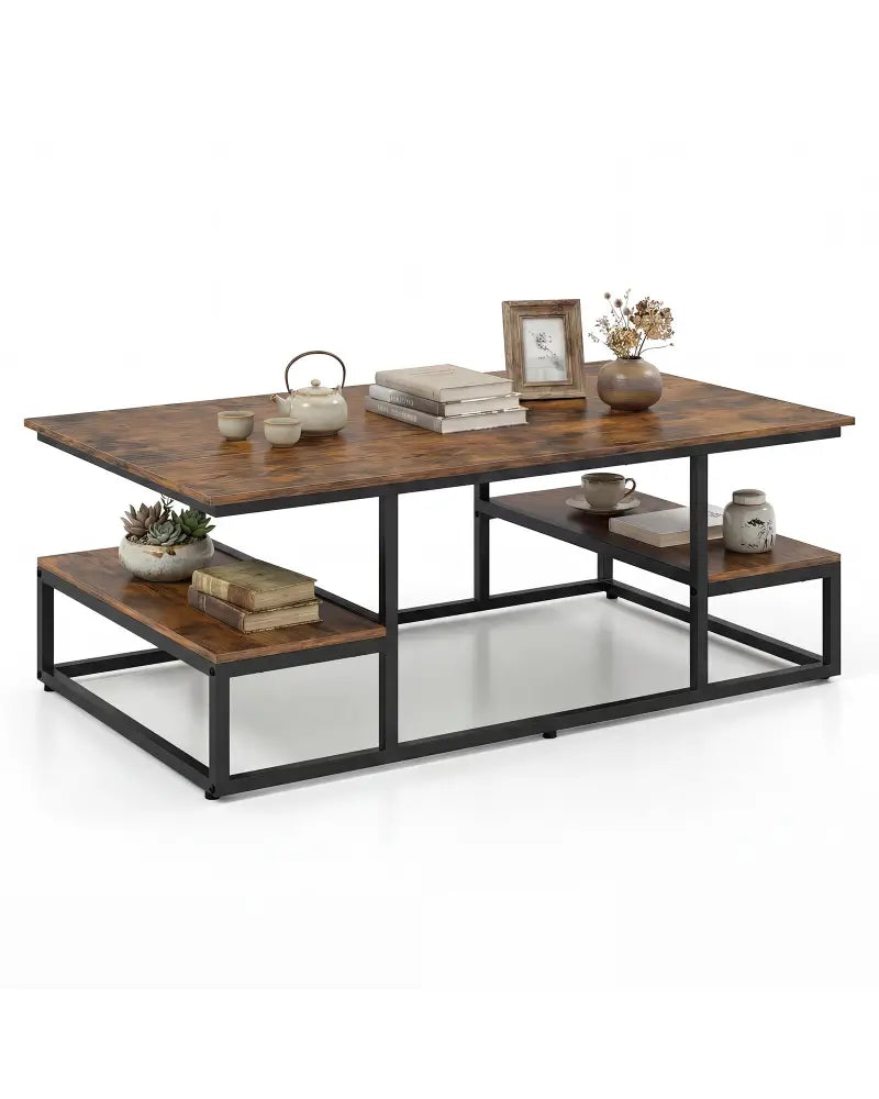 43’’ Rectangle Coffee Table with Storage and Open Shelves-Rusticbrown - Rustic Brown - Coffee Tables