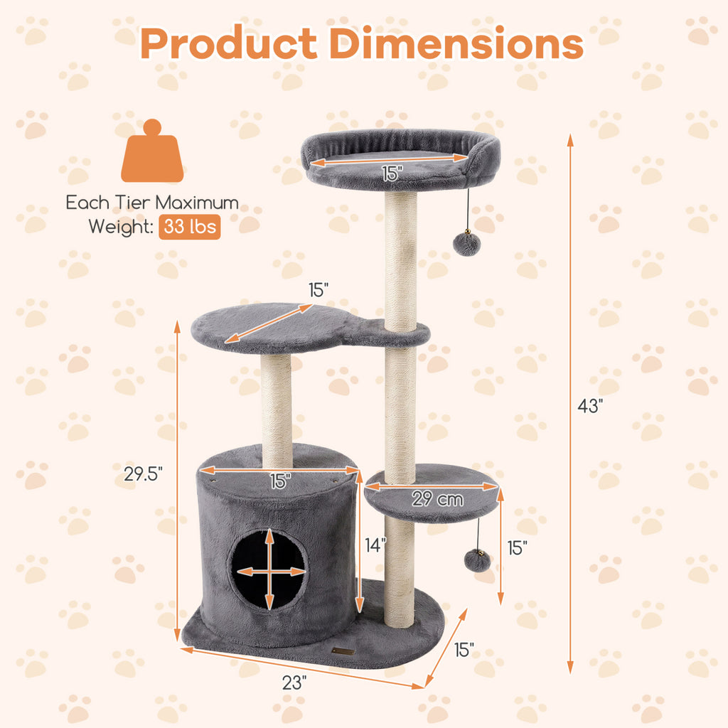 43" Cat Tree for Indoor Cats with Comfy Plush Perches and Sisal Scratching Posts-Gray