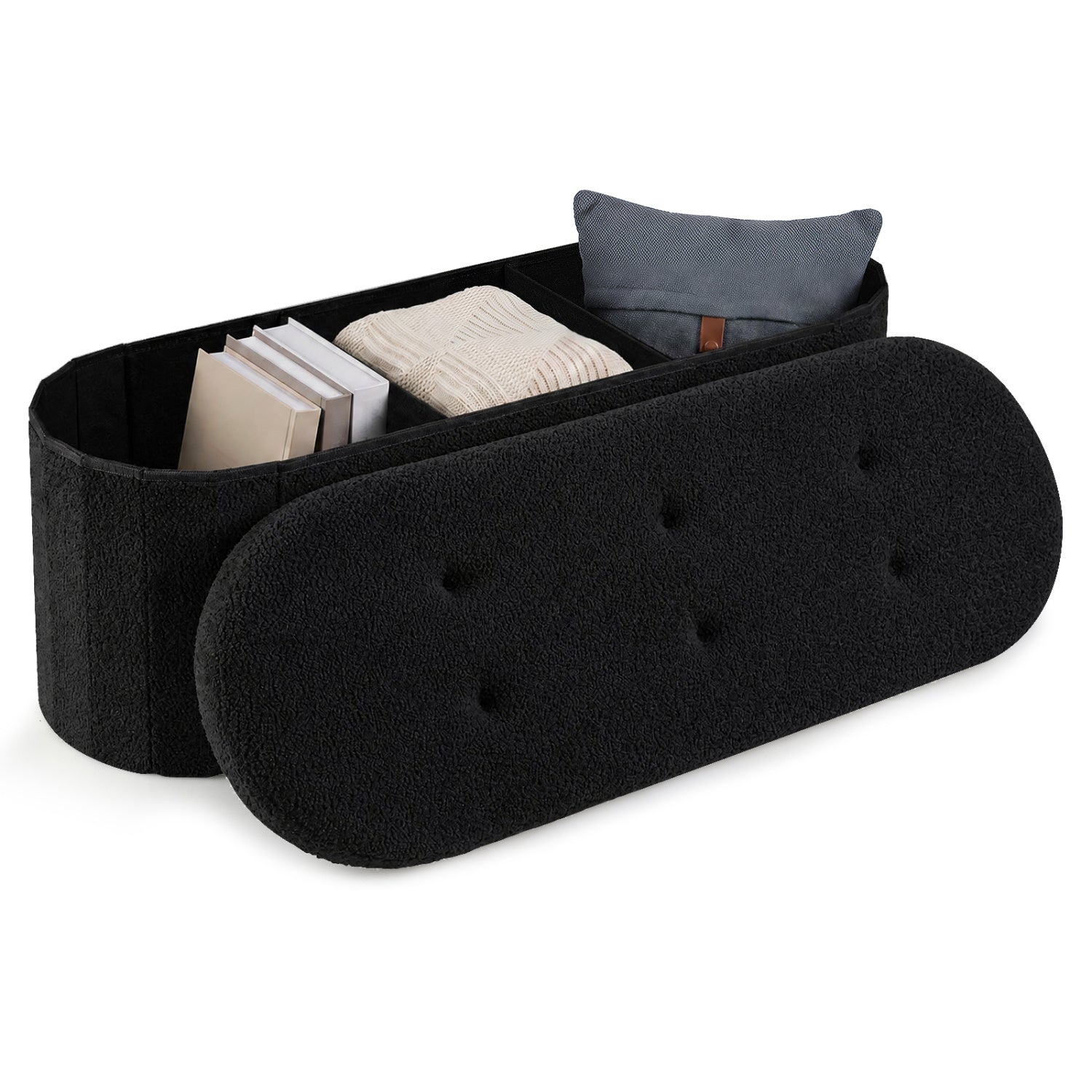 43" Folding Teddy Storage Ottoman Bench with Dividers for Living Room and Bedroom-Black