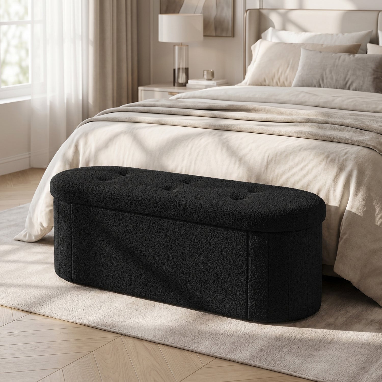 43" Folding Teddy Storage Ottoman Bench with Dividers for Living Room and Bedroom-Black