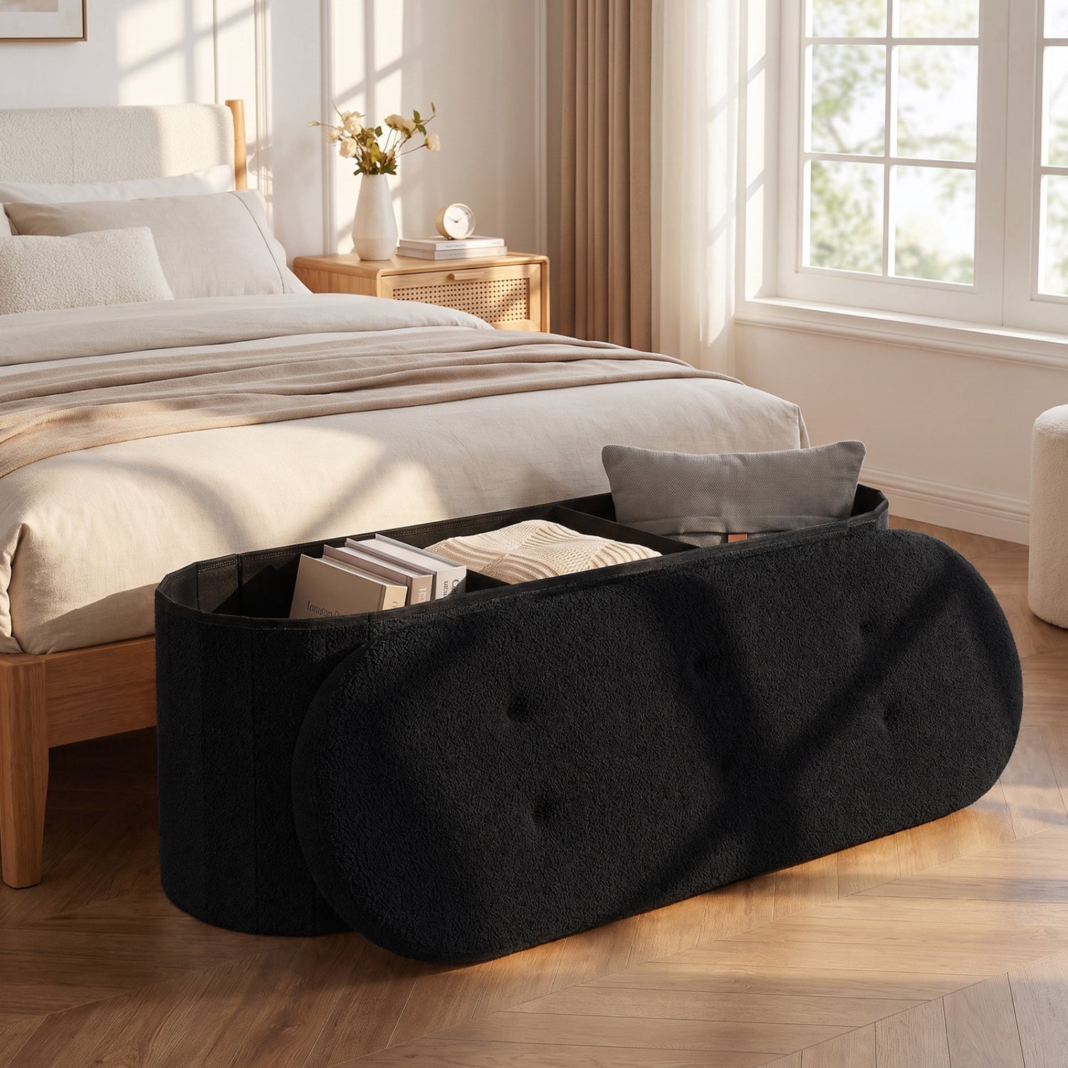 43" Folding Teddy Storage Ottoman Bench with Dividers for Living Room and Bedroom-Black