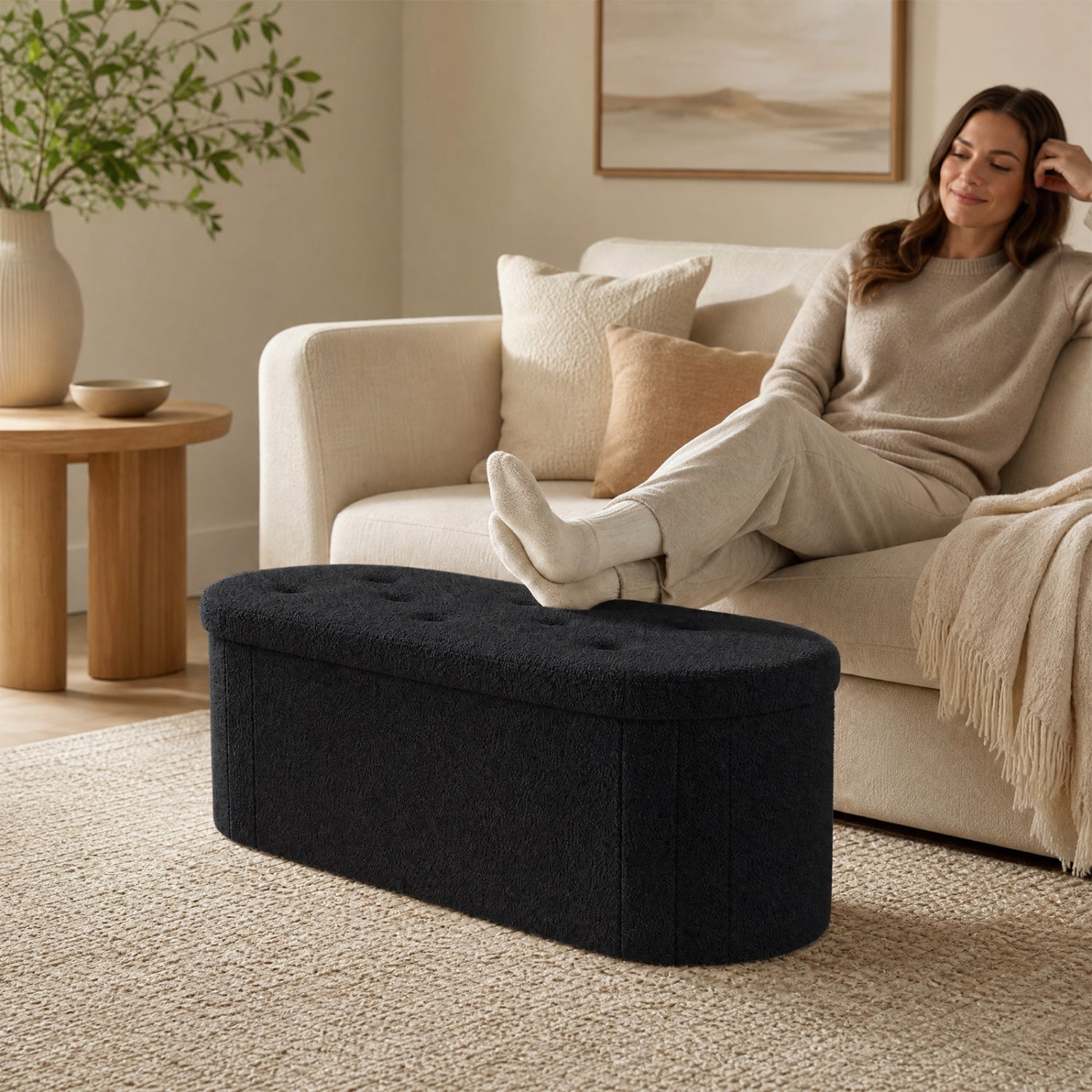 43" Folding Teddy Storage Ottoman Bench with Dividers for Living Room and Bedroom-Black