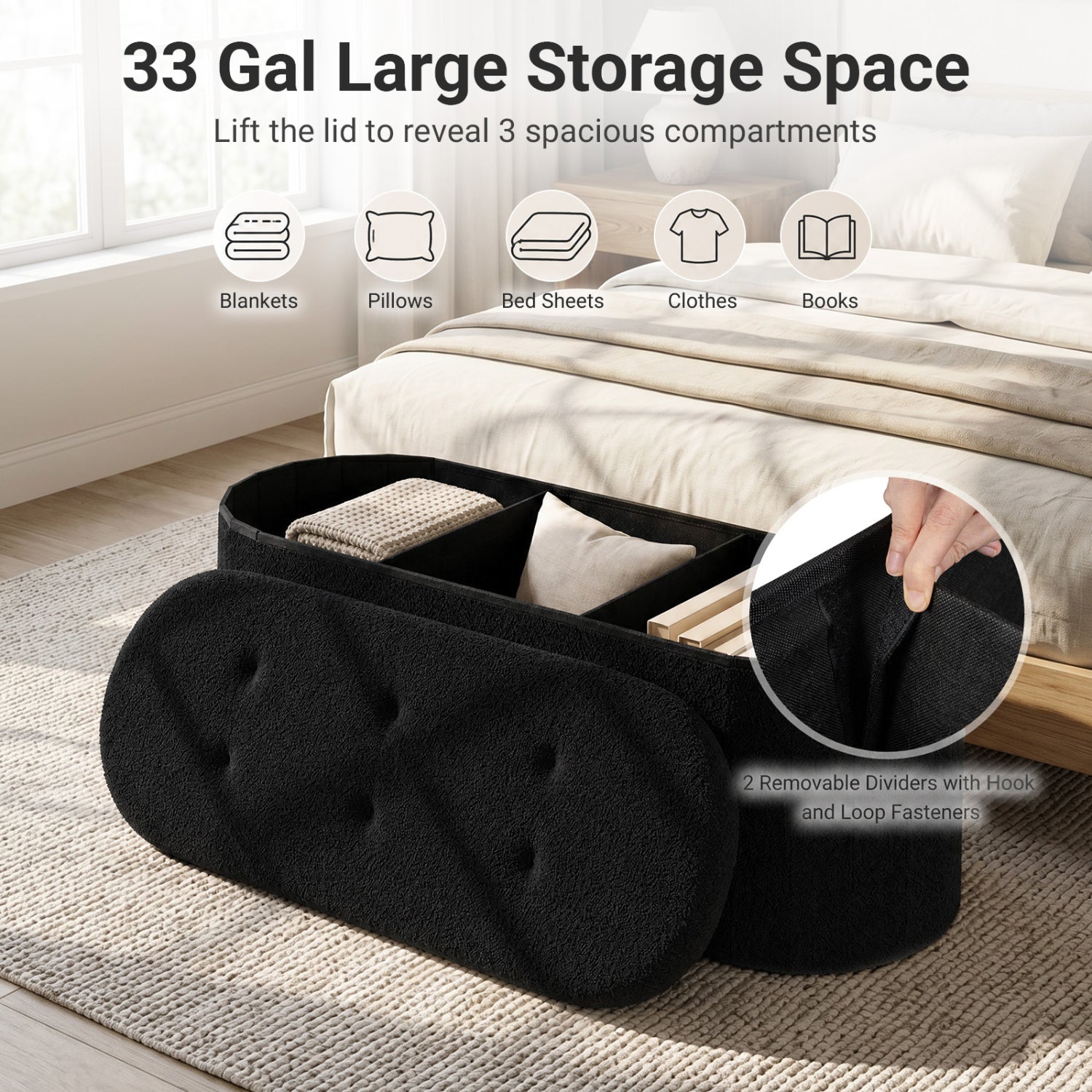 43" Folding Teddy Storage Ottoman Bench with Dividers for Living Room and Bedroom-Black