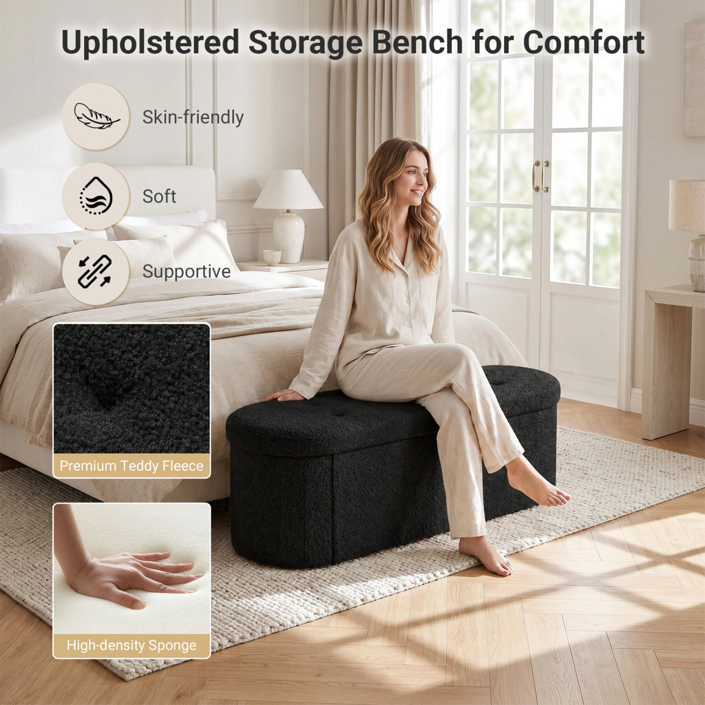 43" Folding Teddy Storage Ottoman Bench with Dividers for Living Room and Bedroom-Black