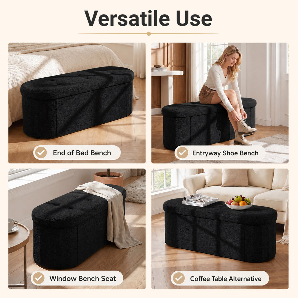 43" Folding Teddy Storage Ottoman Bench with Dividers for Living Room and Bedroom-Black