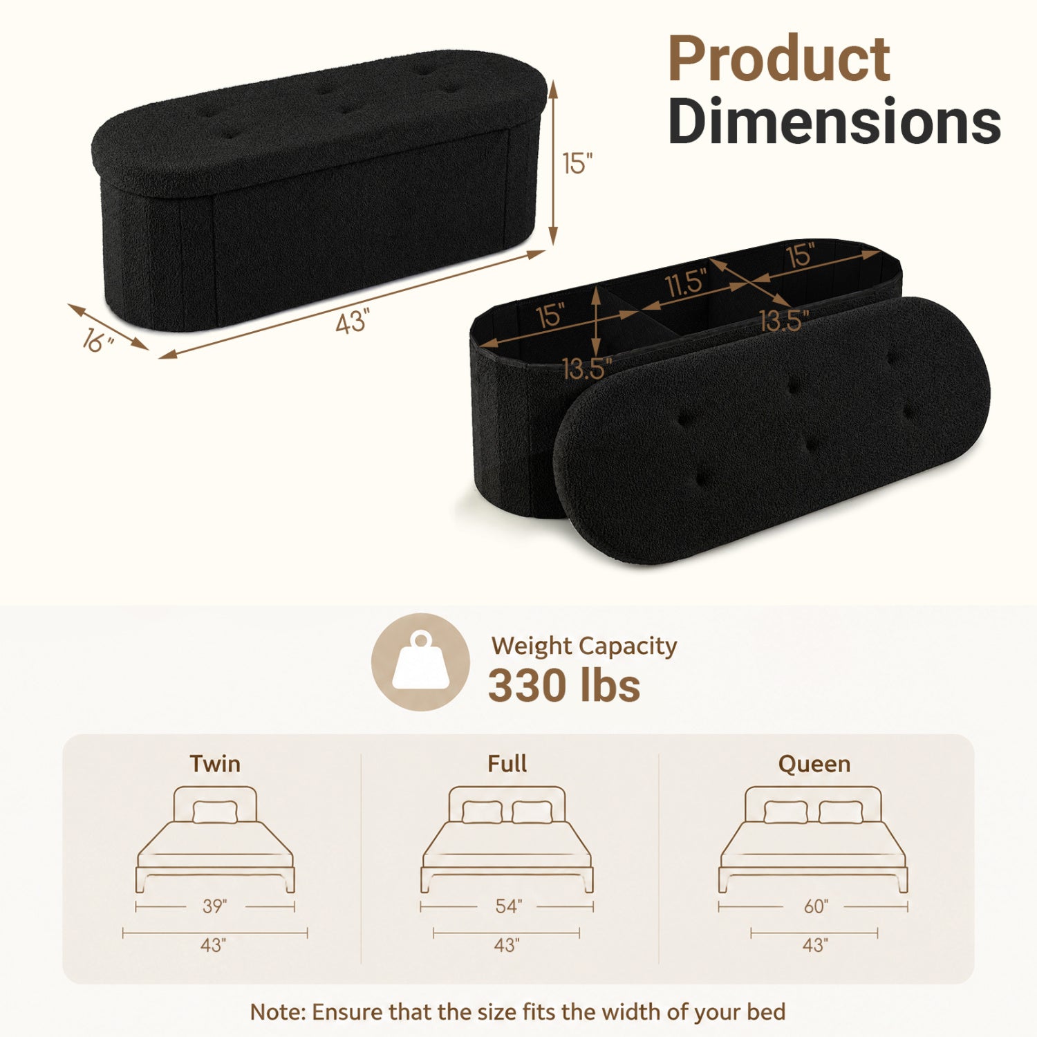 43" Folding Teddy Storage Ottoman Bench with Dividers for Living Room and Bedroom-Black