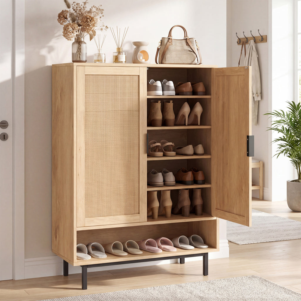 Meuble à chaussures haut 6 niveaux de 43 pouces avec double portes - Naturel