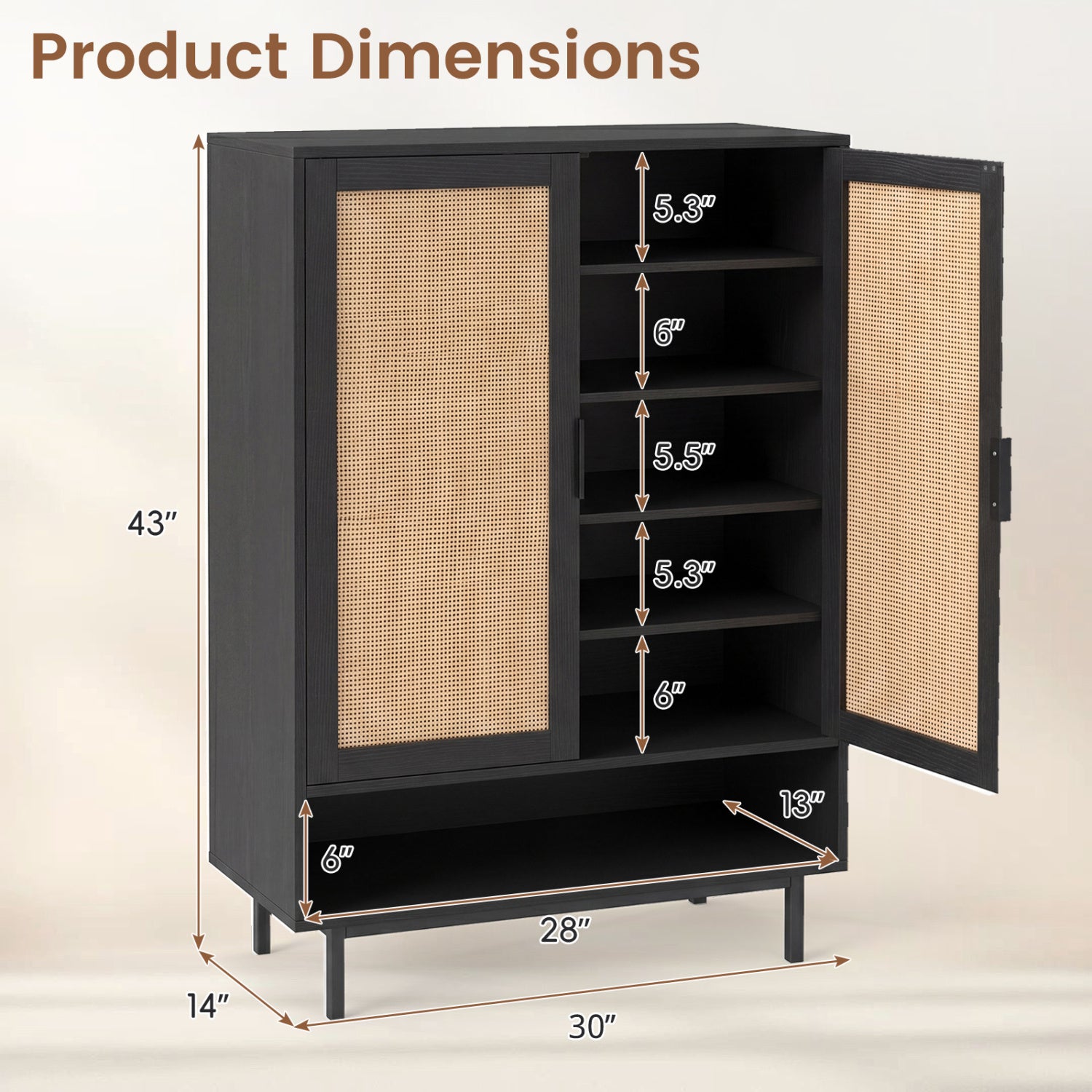 43 Inch 6-Tier Tall Shoe Cabinet with Double Doors-Black