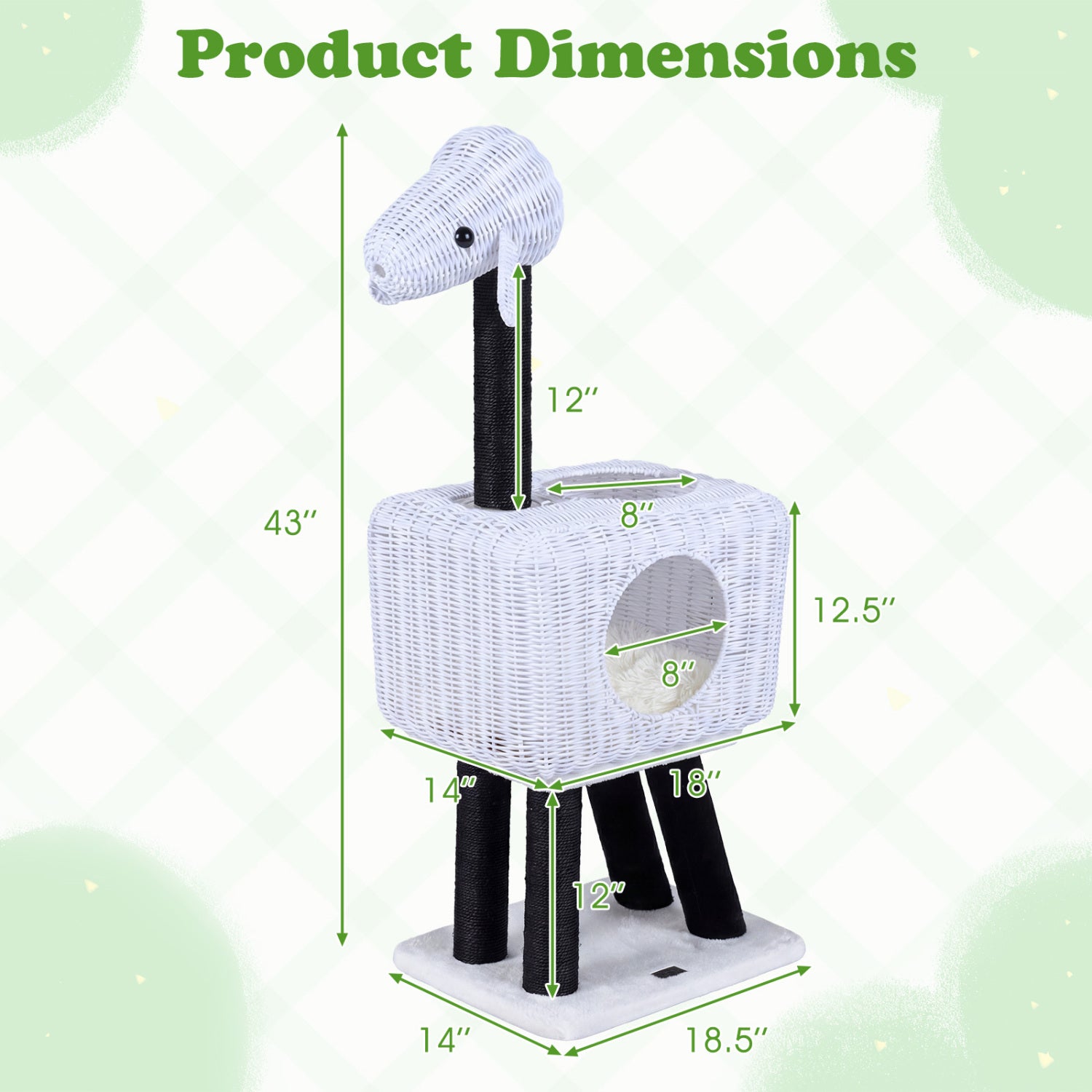 43-Inch Lamb-Shaped Cat Tower with 2-Door Rattan Condo for Indoor Kittens-White